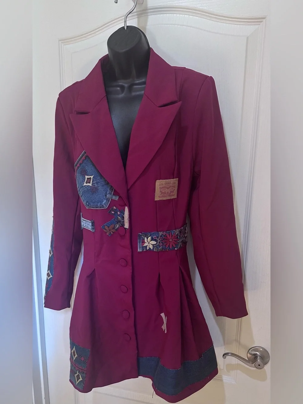 Upcycled Burgundy Patchwork long Blazer size L